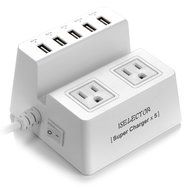 ISelector 8A / 5-Port Desktop USB Charging Station with 1700J 2 Surge Power Strip - Black N3
