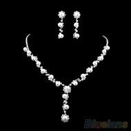 Bride&#039;s Faux Pearl Clear Austrian Choker Necklace Earrings Jewelry Set Glitzy N3