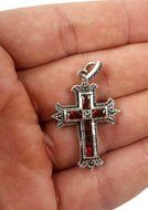 Red Garnet Quartz Crucifix Pendant Sterling Silver 925 Marcasite Cross Jerusalem N3