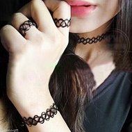 1Set Retro Stretch Tattoo Choker Necklace Bracelet Ring Black Elastic Boho N2