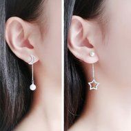 Women Silver Long Earrings Fashion Pearl Star Moon Elegant Earrings