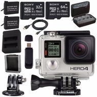 GoPro HERO4 Silver + Rechargeable Battery + Dual Battery Charger + Sony 32GB microSDHC Card + Sony 64GB microSDXC...