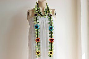 Flower Necklace Scarf-Lariat Scarf-Handmade Long Scarf -Yellow Orange Turquoise Beige Brown Scarf- Christmas Gift... N2