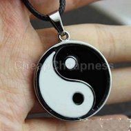 Yin Ying Yang Pendant Black White Necklace Charm with Black Leather Cord EFUS