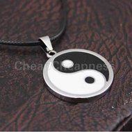 Yin Ying Yang Pendant Black White Necklace Charm with Black Leather Cord EFUS N2