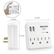 Bestten 3 Outlet Wall Mount Surge Protector with 2 USB Charging Ports (2.4A/Port, Total 3.1A) and Safety Covers... N12