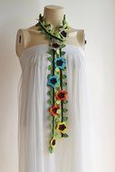 Flower Necklace Scarf-Lariat Scarf-Handmade Long Scarf -Yellow Orange Turquoise Beige Brown Scarf- Christmas Gift... N3