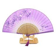 Linen Butterfly Flowers Hand Fan Lacquer Handle Folding Fan Purple N7