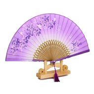 Linen Butterfly Flowers Hand Fan Lacquer Handle Folding Fan Purple N8