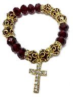 Dark Red Beads Gold Rosary Bracelet Hand Ornament Zircons Stones Cross Jerusalem