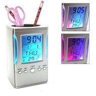 SIS 7-Color changing Plastic Pen holder with Calendar ,Digital Alarm Clock, thermometer and Timer-Silver