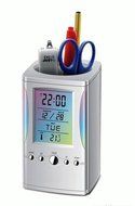 SIS 7-Color changing Plastic Pen holder with Calendar ,Digital Alarm Clock, thermometer and Timer-Silver N2