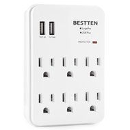 Bestten 3 Outlet Wall Mount Surge Protector with 2 USB Charging Ports (2.4A/Port, Total 3.1A) and Safety Covers... N15