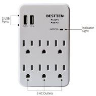 Bestten 3 Outlet Wall Mount Surge Protector with 2 USB Charging Ports (2.4A/Port, Total 3.1A) and Safety Covers... N16
