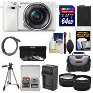 Sony Alpha A6000 Wi-Fi Digital Camera &amp; 16-50mm Lens (White) with 64GB Card + Case + Battery/Charger + Tripod...