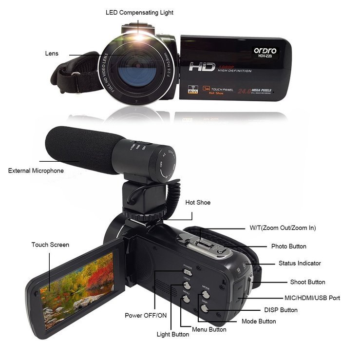 Ordro Wifi Video Camcorder HDV-Z20 Full HD 1080P Handheld Digital Camera DV with External Microphone N6