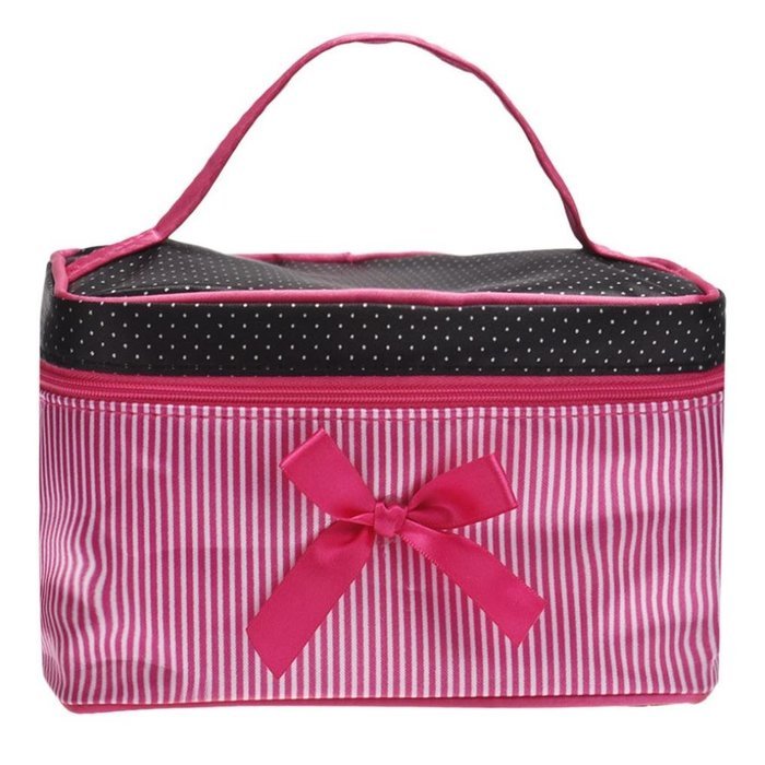 Cosmetic Bag, Bolayu Square Bow Stripe (Hot Pink) N3