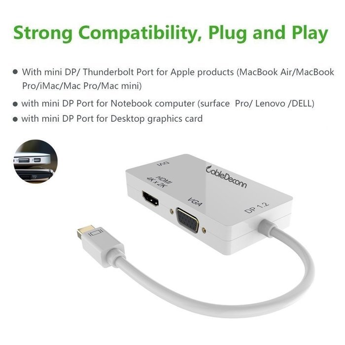 CableDeconn Mini DisplayPort Adapter, 3-in-1 Mini DisplayPort to DVI VGA HDMI TV HDTV Adapter Converter Full 4k... N6