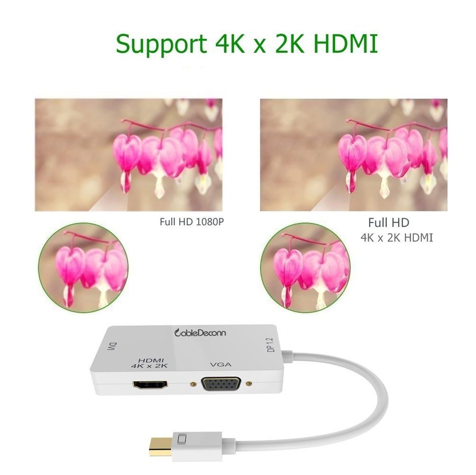 CableDeconn Mini DisplayPort Adapter, 3-in-1 Mini DisplayPort to DVI VGA HDMI TV HDTV Adapter Converter Full 4k... N7