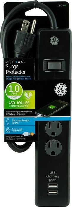 GE 13478 Surge Protector, 4 Outlet 450J 3' Cord 2USB Ports 1.0A Black N2