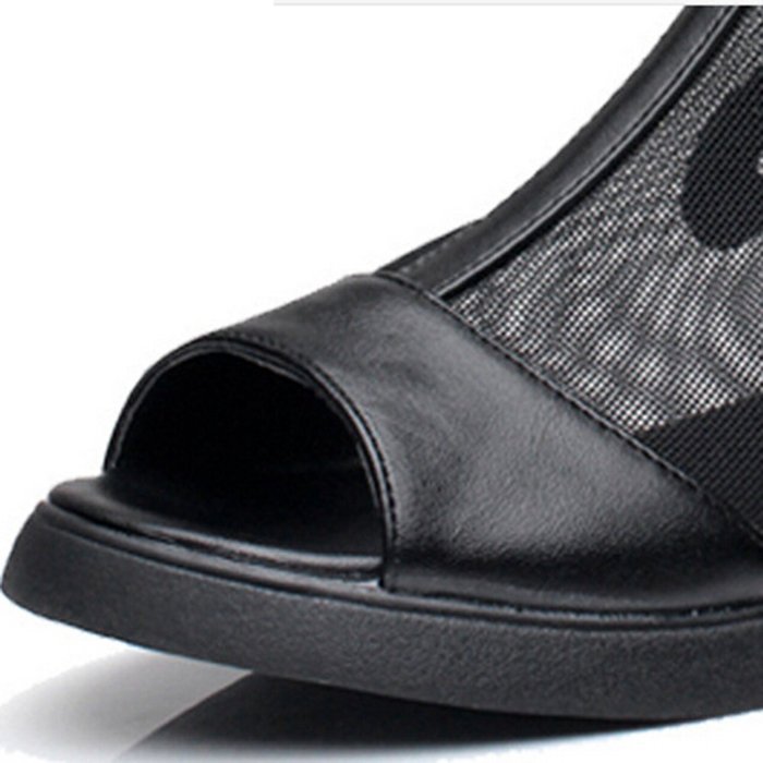 Spritech(TM) Women Girl Summer Net Yarn Stripe PU Leather Open Toe Platform Peep Toe Bootie Flat Shoes Black 39 N18