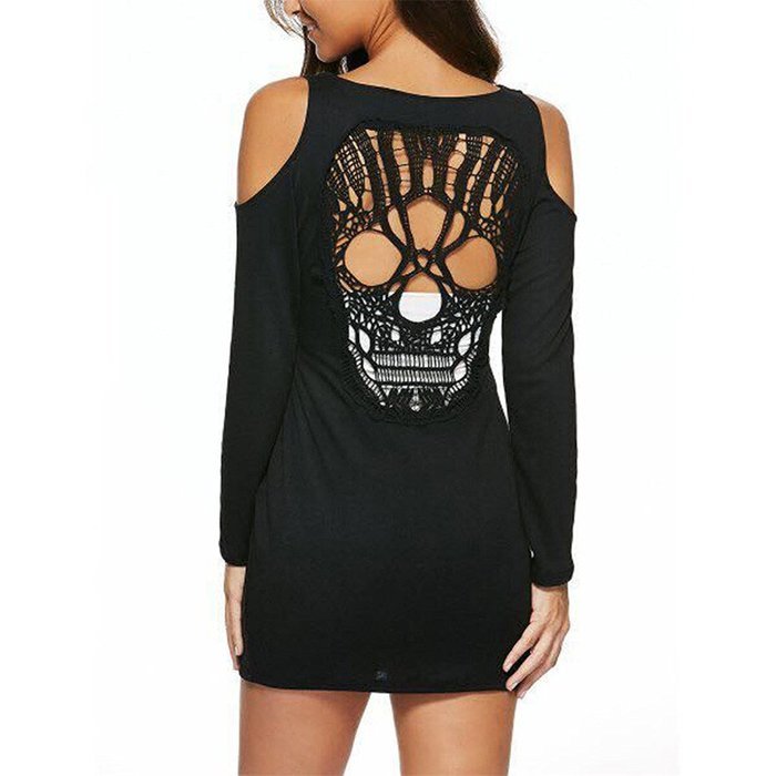 Women Dress,Haoricu Fall Women Sexy V-collar Strapless Skull Hollow Long-sleeved Dress