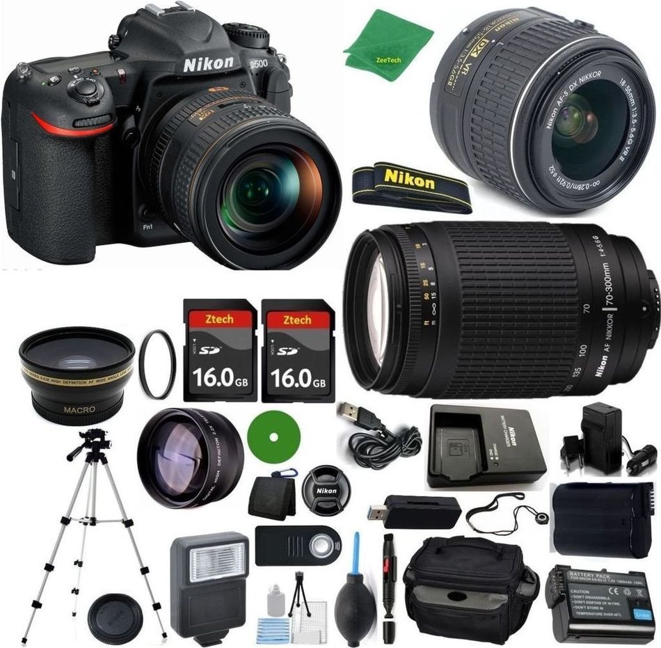 Nikon D500 - International Version (No Warranty), 18-55mm f/3.5-5.6 DX VR, Nikon 70-300mm f/4-5.6G, 2pcs 16GB...