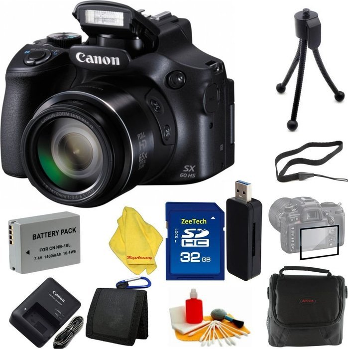 Canon Powershot SX60 16.1MP Digital Camera 65x Optical Zoom Lens 3-inch LCD Tilt Screen + Case+32 GB Card+Reader...