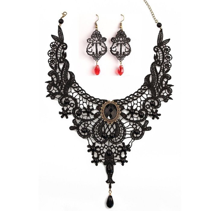 Black Lace Necklace Earrings Set,JoyTong Lace Pendant Choker and Eardrop Red N2