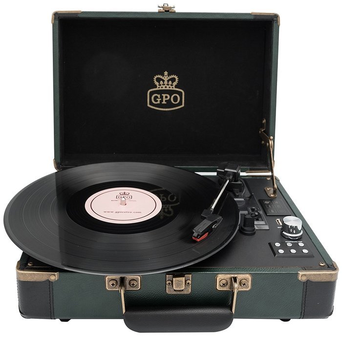 GPO Ambassador Bluetooth Turntable with Rechargeable Battery, 3-Speed, Built-In Stereo Speakers and USB Stick...