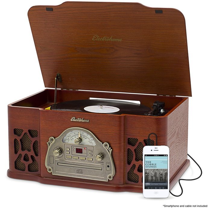 Electrohome Wellington Record Player Retro Vinyl Turntable Real Wood Stereo System, AM/FM Radio, CD, USB for MP3...