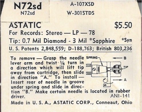 Astatic N72sd 0.7 Mil Diamond - 3 Mil Sapphire Phonograph Stylus