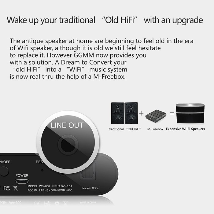 [QUALCOMM CHIP] GGMM M-Freebox Wi-Fi Wireless Hi-Fi Audio Music Receiver/Adapter for Home & Car Speakers. Compatible... N6