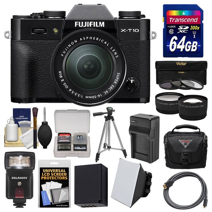 Fujifilm X-T10 Digital Camera & 16-50mm II XC Lens (Black) with 64GB Card + Case + Flash + Battery & Charger +... N14