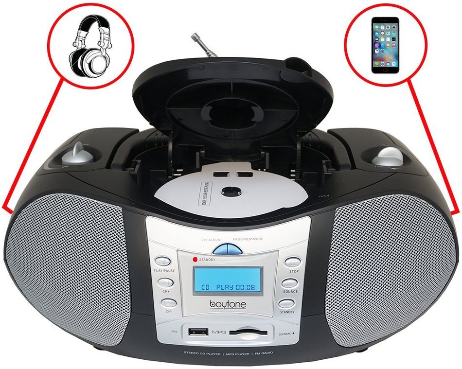 Boytone BT-6B CD Boombox Black Edition Portable Music System with CD Player & USB/SD/MMC Slot, Digital FM Radio...