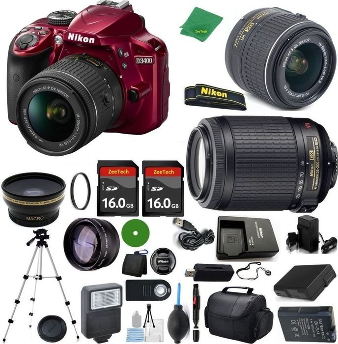 Nikon D3400 International Version - No Warranty, 18-55mm f/3.5-5.6 DX VR, Nikon 55-200mm f4-5.6G VR, 2pcs 16GB...