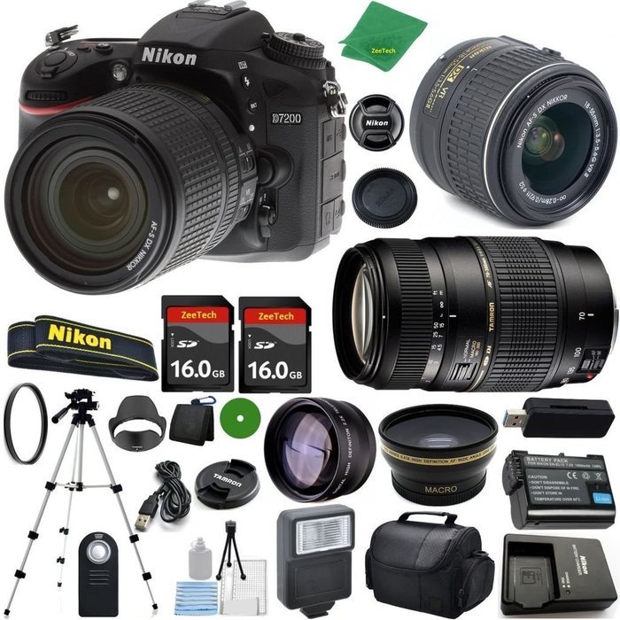 Nikon D7200 DX-Format DSLR Digital Camera Body, Nikon 18-55mm VR Lens, Tamron 70-300mm DI LD Zoom, 2pcs 16GB ZeeTech...
