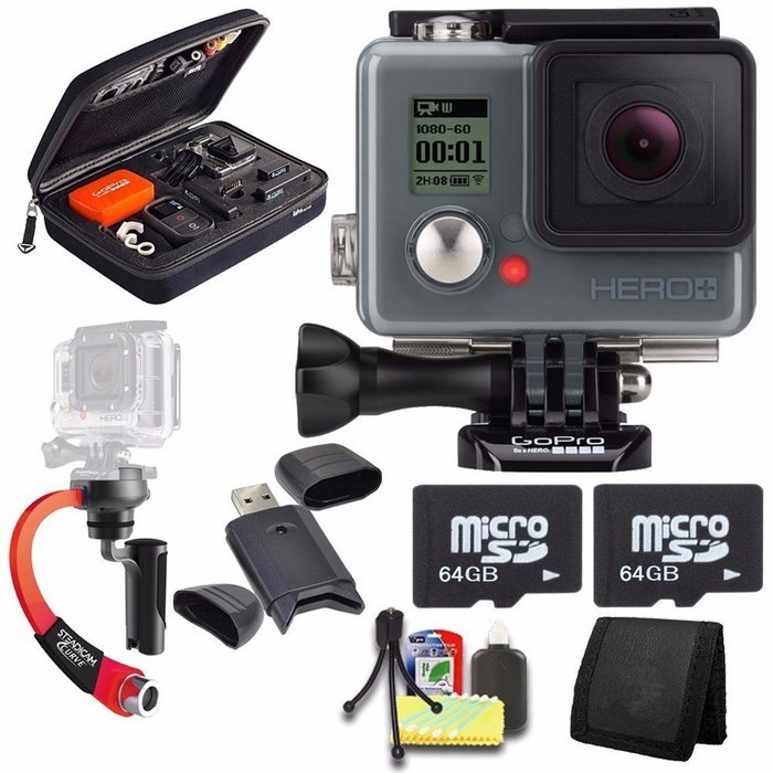GoPro HERO+ LCD + Steadicam Curve for GoPro HERO Action Cameras (Red) + 64GB Memory Card + Case for GoPro HERO4...