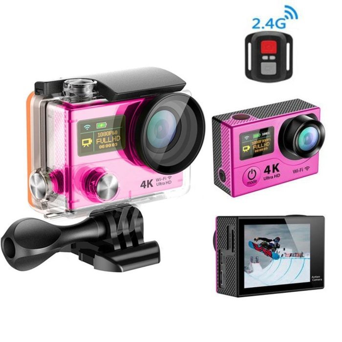 TONSEE Sport Camera H3R Ultra 4K HD 2.0 Inch Screen Action Camera Waterproof 30m+Remote Control - Hot Pink