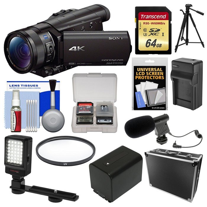 Sony Handycam FDR-AX100 Wi-Fi 4K HD Video Camera Camcorder with 64GB Card + Case + LED Light + Battery/Charger...