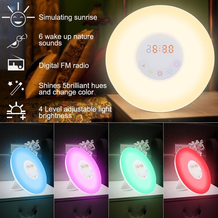 Shengsite Wake Up Light Alarm Clock Radio,Sunrise Simulation Wakes RGB LED Lamp FM Radio and Alarm Clock N2