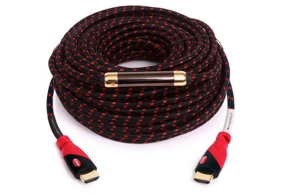 KAYO Hi-Speed HDMI1.4 Cable 100 FT with SIGNAL BOOSTER, Cable Tie & USB Charger/ RED & BLACK Mesh | Supports 3D...