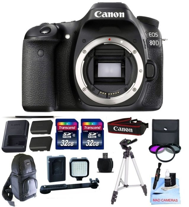Canon EOS 80D Body Only Kit + 2 32GB Transcend SD Memory Cards + LED Video Light Kit & More - International Version