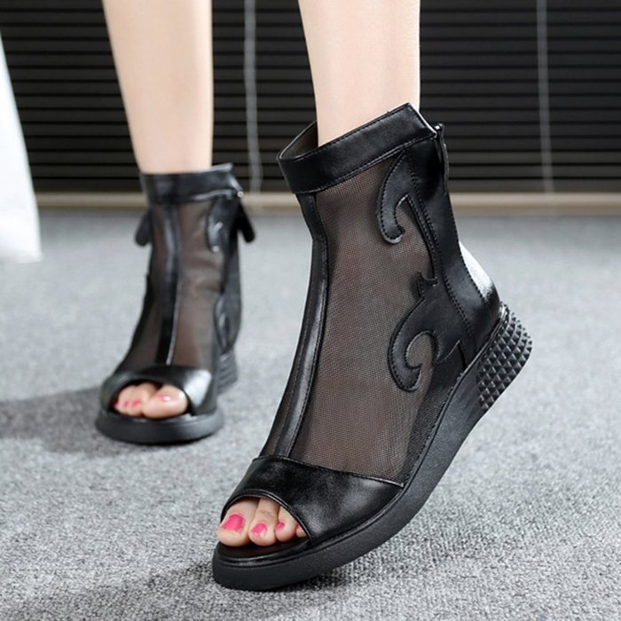 Spritech(TM) Women Girl Summer Net Yarn Stripe PU Leather Open Toe Platform Peep Toe Bootie Flat Shoes Black 39 N34