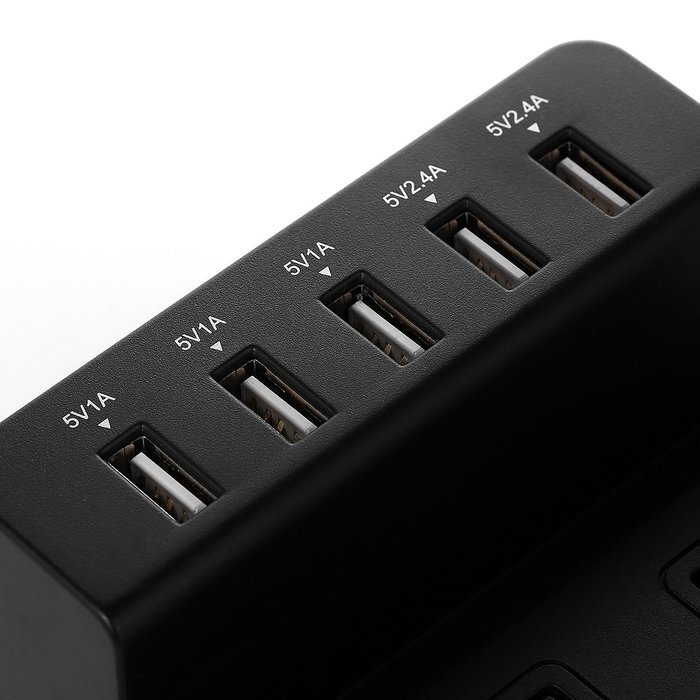 ISelector 8A / 5-Port Desktop USB Charging Station with 1700J 2 Surge Power Strip - Black