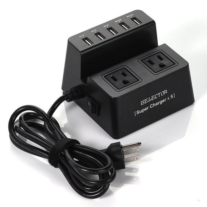 ISelector 8A / 5-Port Desktop USB Charging Station with 1700J 2 Surge Power Strip - Black N2