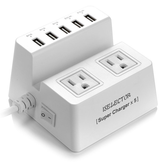 ISelector 8A / 5-Port Desktop USB Charging Station with 1700J 2 Surge Power Strip - Black N3