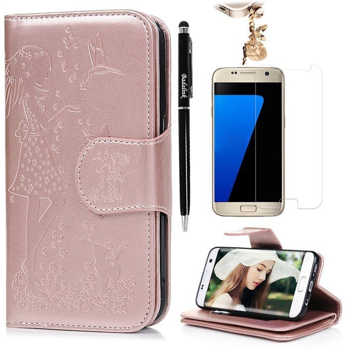 Badalink Galaxy S7 Edge Wallet Case 9 Card Slots Plastic Mirror Hand Strap Stand Feature Embossed PU Leather Flip... N4