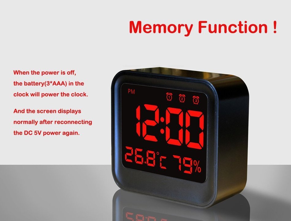 BonyTek Multifunctional Mute Digital Clock Thermometer Hygrometer with 3 Set Alarm Clocks, Brightness Auto-adjustable... N4