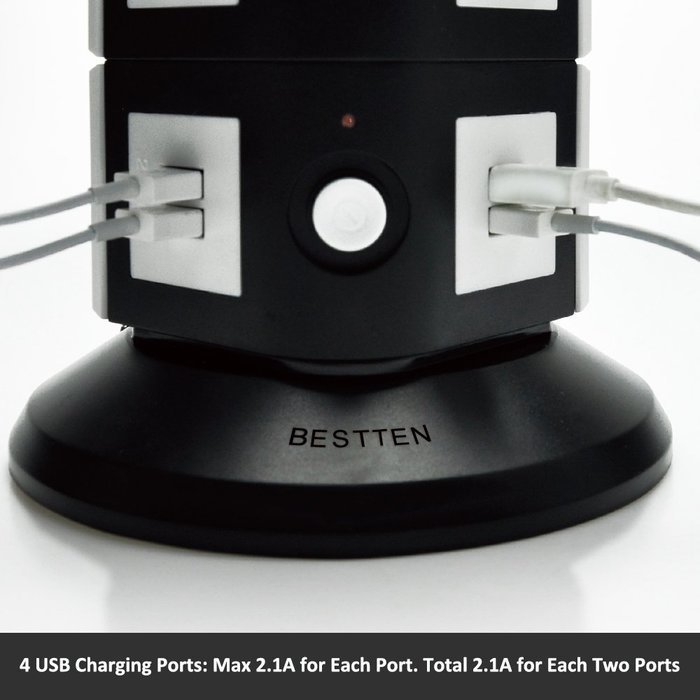 Bestten Multi-Functional Charging Station Tower: 6-Outlet Surge Protector with 4 USB Charging Ports (4.2A Total...
